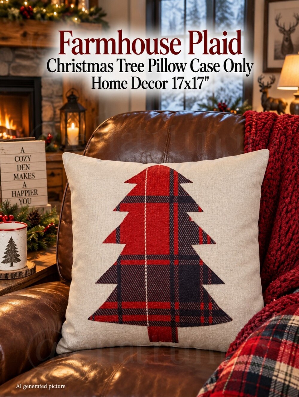 Farmhouse Plaid Christmas Tree Pillow Case Only Home Decor 17x17"